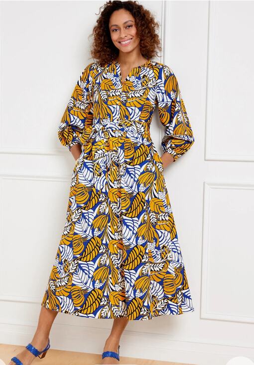 Talbots Dresses & Skirts - Talbots Poplin Belted Midi Shirtdress Colorblock Leaves Pockets Size 6 Petite